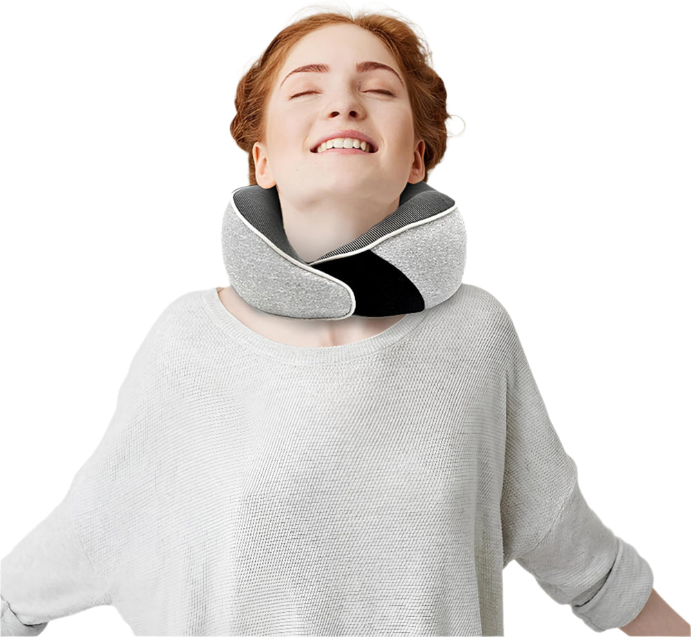 Woman enjoying comfort using JetComforts memory foam travel neck pillow