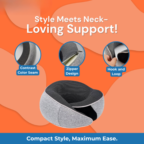"Gray travel neck pillow with contrast seam, zippered cover, and hook-and-loop closure, shown against an orange background with text highlighting its supportive and compact design."
