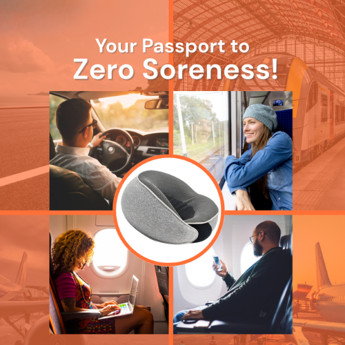 "Gray travel neck pillow centered on an orange grid layout, surrounded by diverse travelers using it while driving, on a train, and on an airplane, with text saying 'Your Passport to Zero Soreness!"