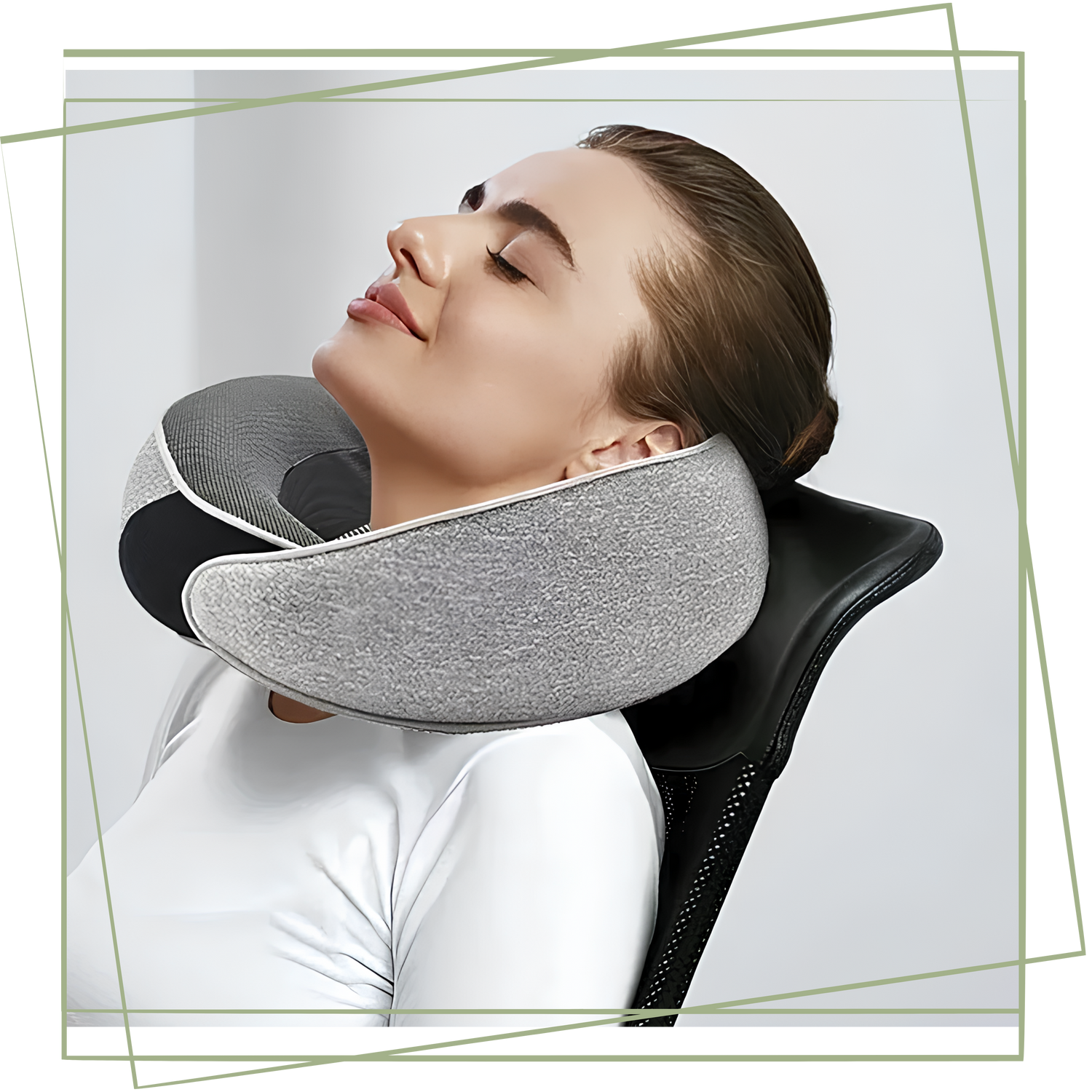 Woman relaxing in chair using JetComforts memory foam travel neck pillow for support
